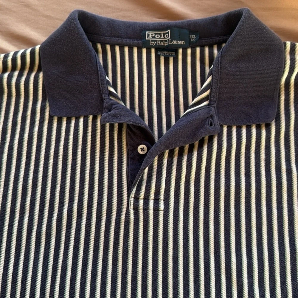 Ralph Lauren Rare Vintage Vertical Stripe Polo Navy Teal & White Stripe 2XL